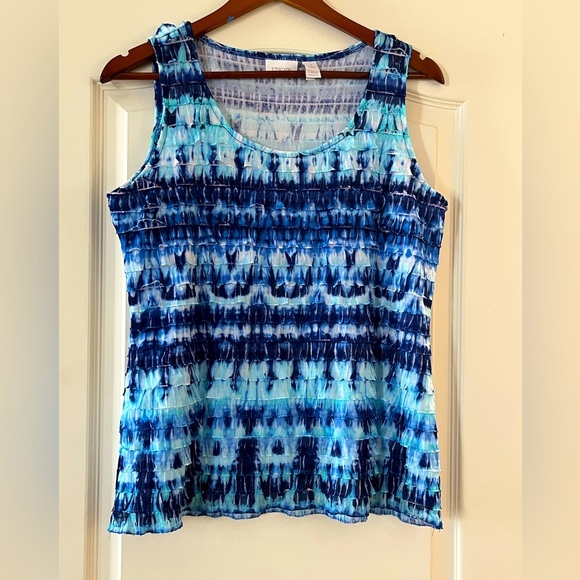 Chico’s Mixed Blues Sleeveless Ruffle Tiered Blouse Women’s Size Medium - Picture 1 of 11
